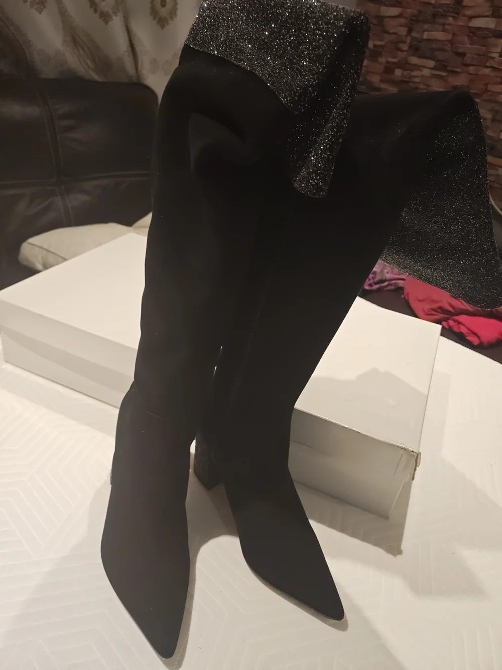 Black Glitter Cuff Over-the-Knee Block Heel Boots 39